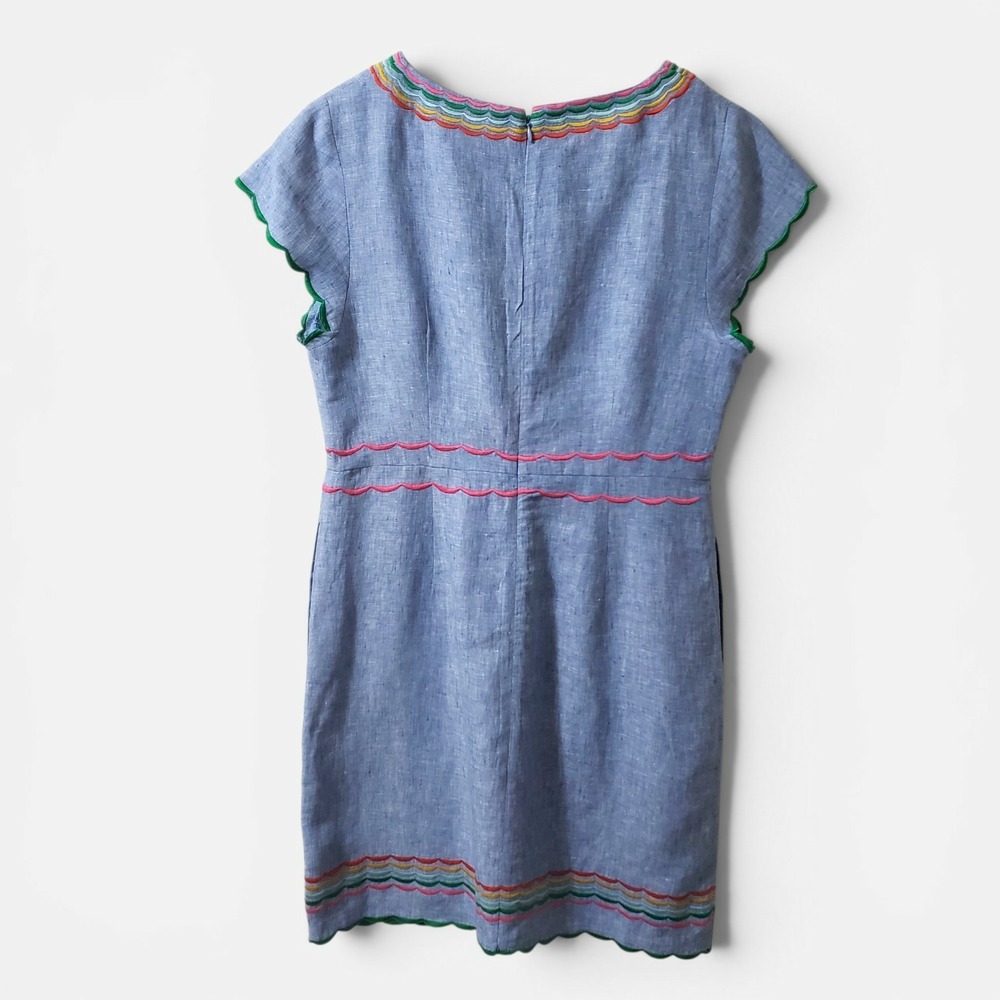 Boden Laura Linen Embroidered Shift Dress Chambray Blue Rainbow Multicolor 10R - Picture 5 of 13
